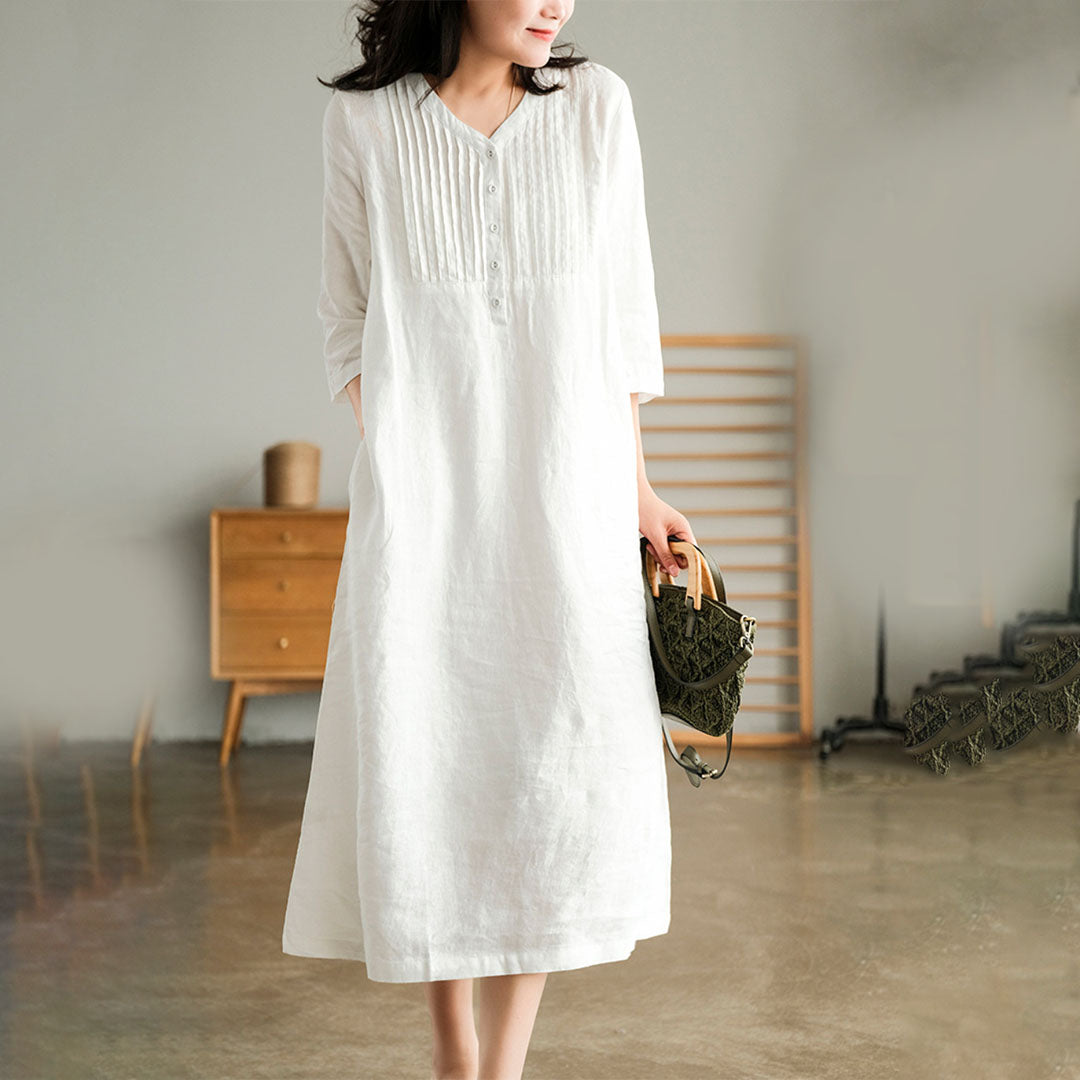 Cotton Blend Pintuck Midi Dress – Relaxed Fit with V-Neck and 3/4 Sleeves