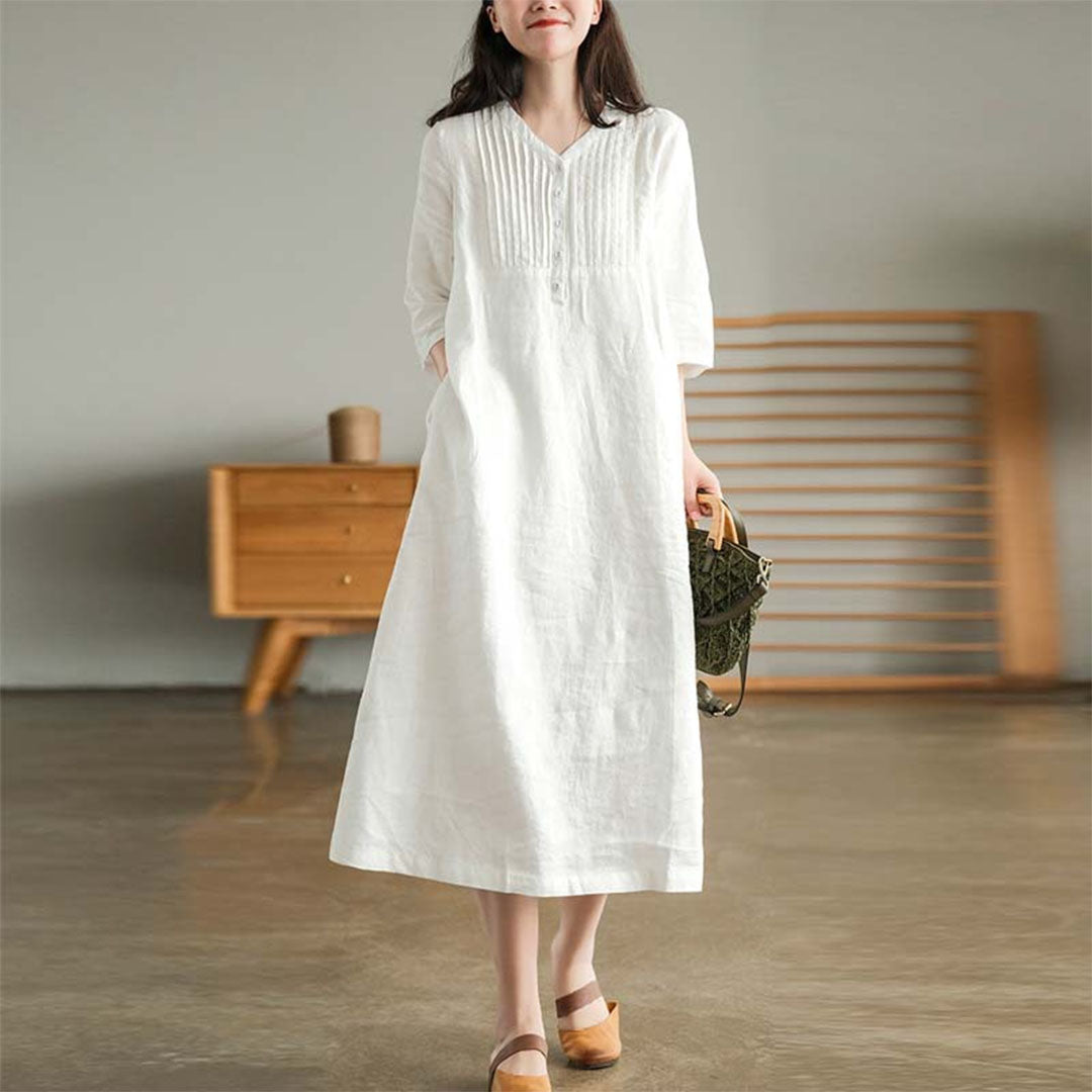 Cotton Blend Pintuck Midi Dress – Relaxed Fit with V-Neck and 3/4 Sleeves