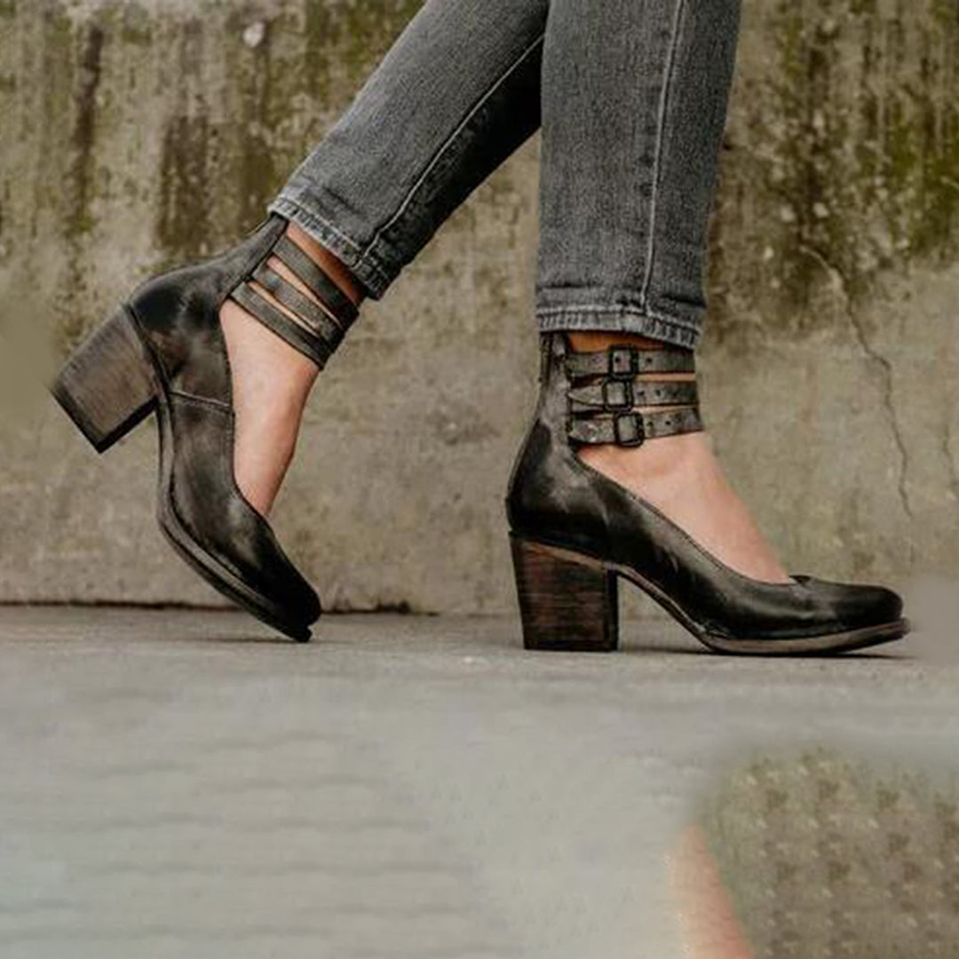 Women's Block Heel Shoes – Multi-Strap Buckle, Vintage Style Day to Night Heels