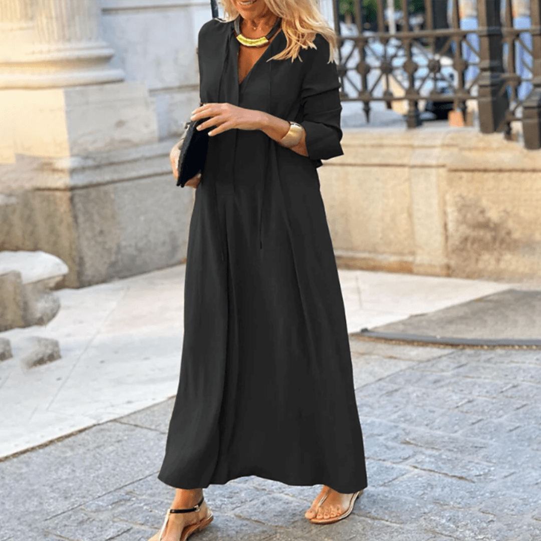 Long-Sleeve Cotton Maxi Dress - Modest A-Line Fit
