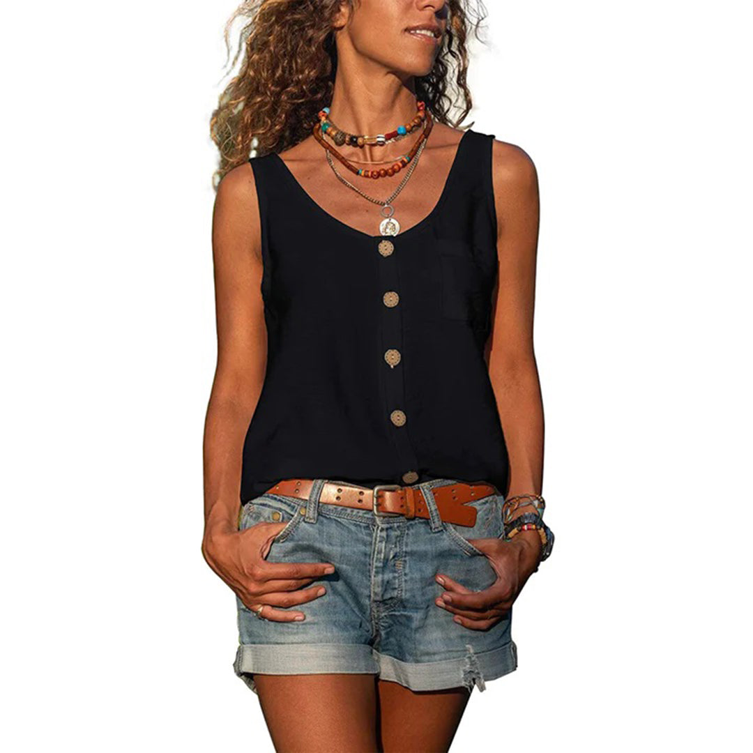 Women's Vest Top – Button Front, Relaxed Fit Casual Summer Blouse