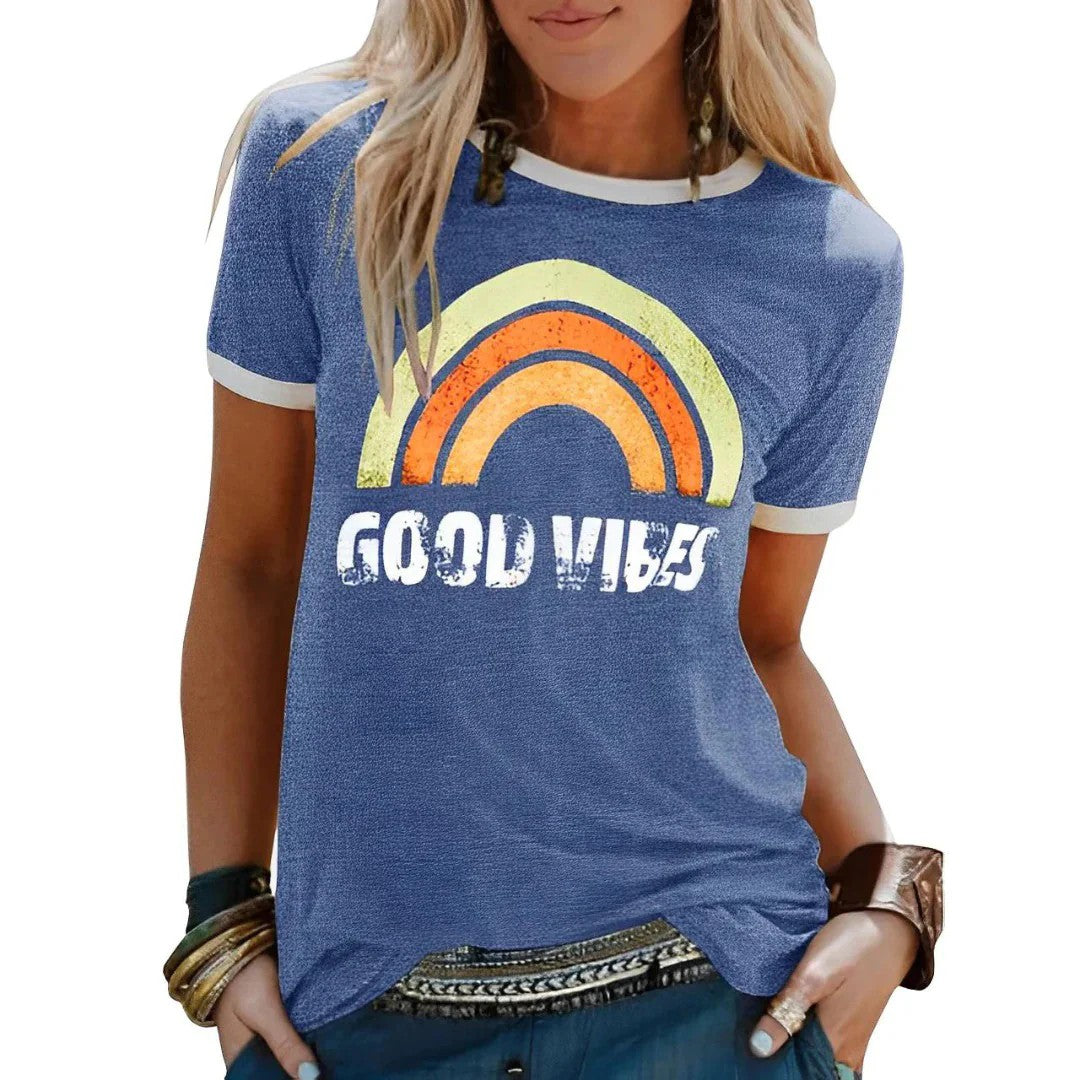 Womens T-Shirt – Retro Rainbow Graphic, Relaxed Fit Summer Top