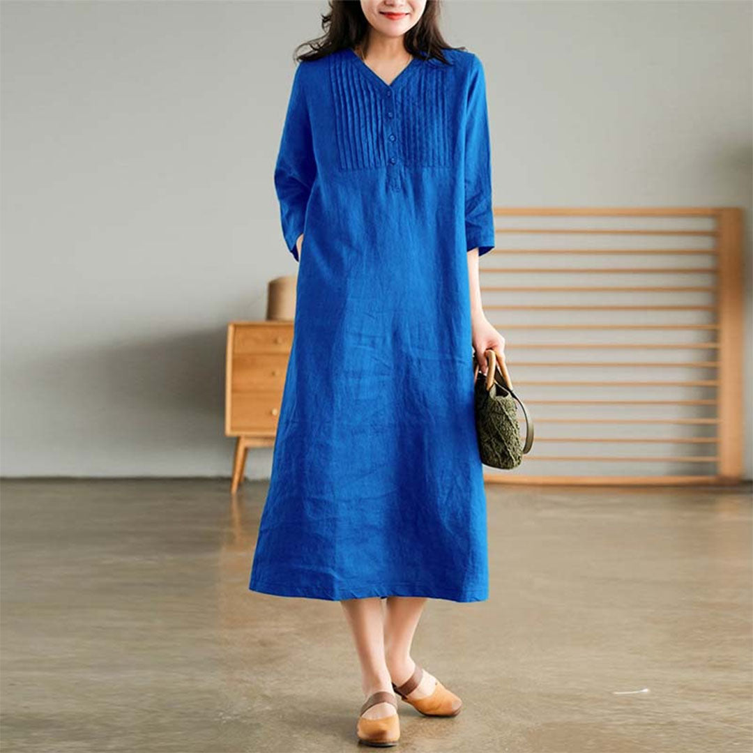Cotton Blend Pintuck Midi Dress – Relaxed Fit with V-Neck and 3/4 Sleeves