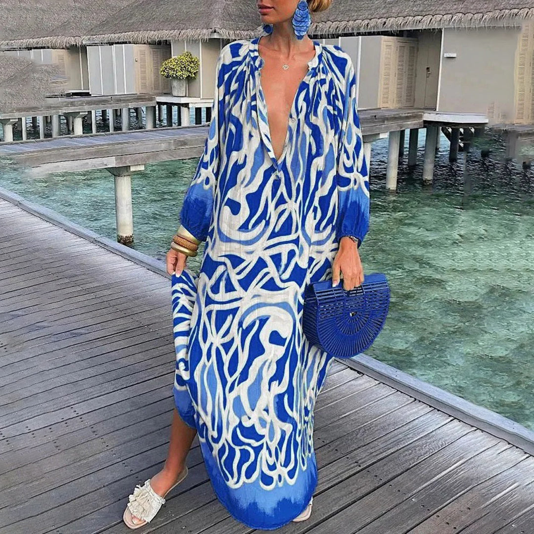 Women's Abstract Print V-Neck Maxi Kaftan Dress