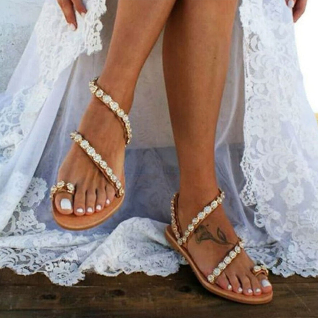Pearl Embellished Flat Sandals – Summer Slip-On Shoes