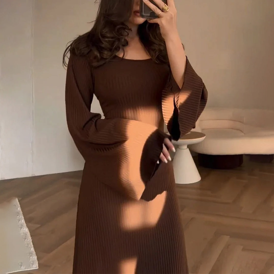 Ribbed Knit Flare Sleeve Midi Dress – Square Neck Stretch Bodycon