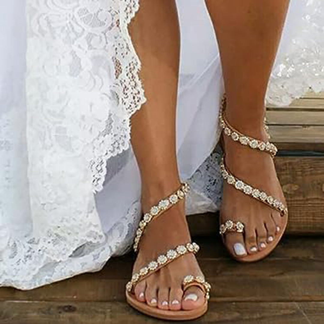 Pearl Embellished Flat Sandals – Summer Slip-On Shoes