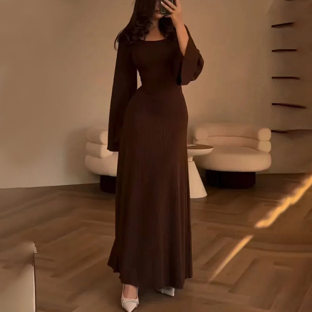 Ribbed Knit Flare Sleeve Midi Dress – Square Neck Stretch Bodycon