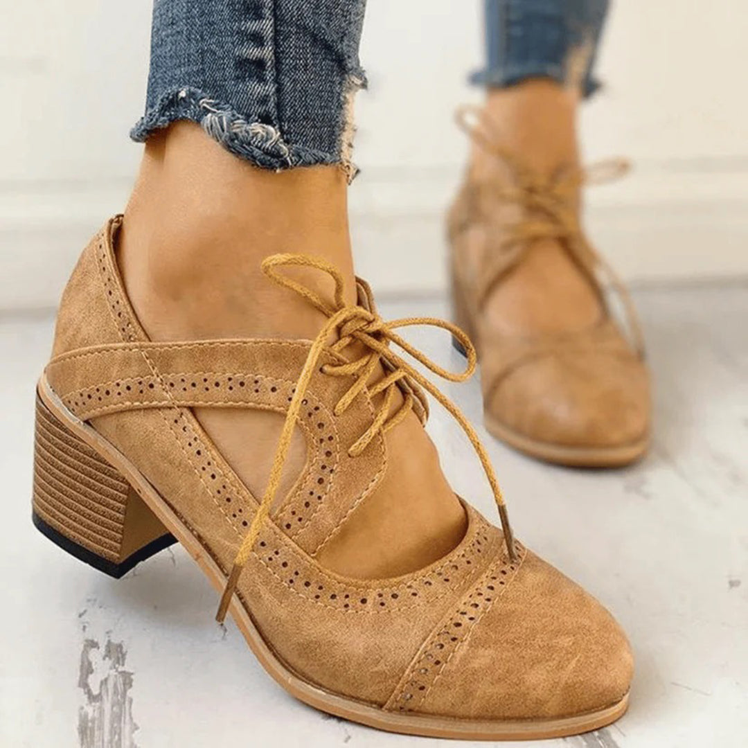 Women's Block Heel Brogue Shoes – Cut-Out Design, Comfy Fit for Workwear