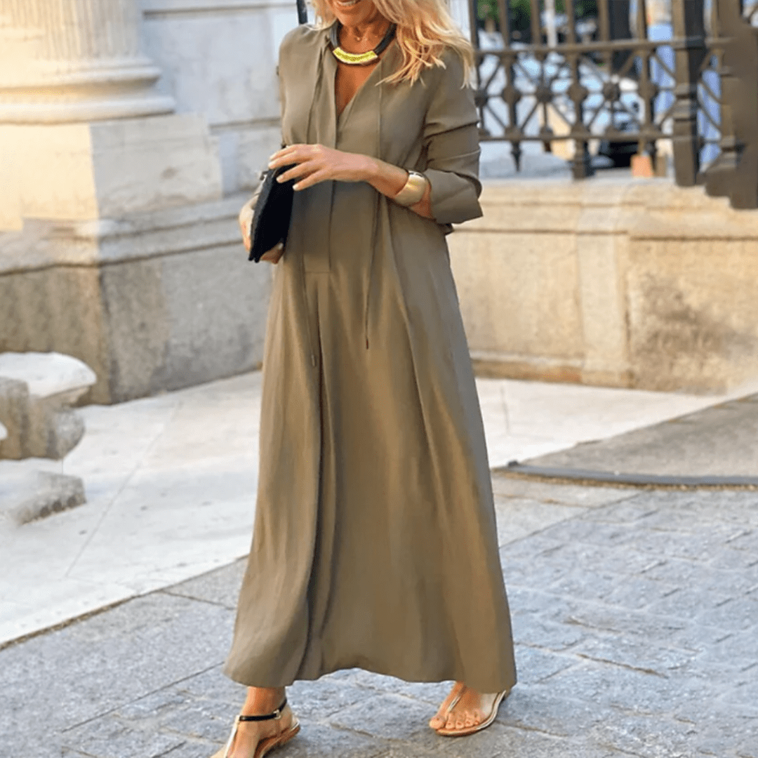 Long-Sleeve Cotton Maxi Dress - Modest A-Line Fit