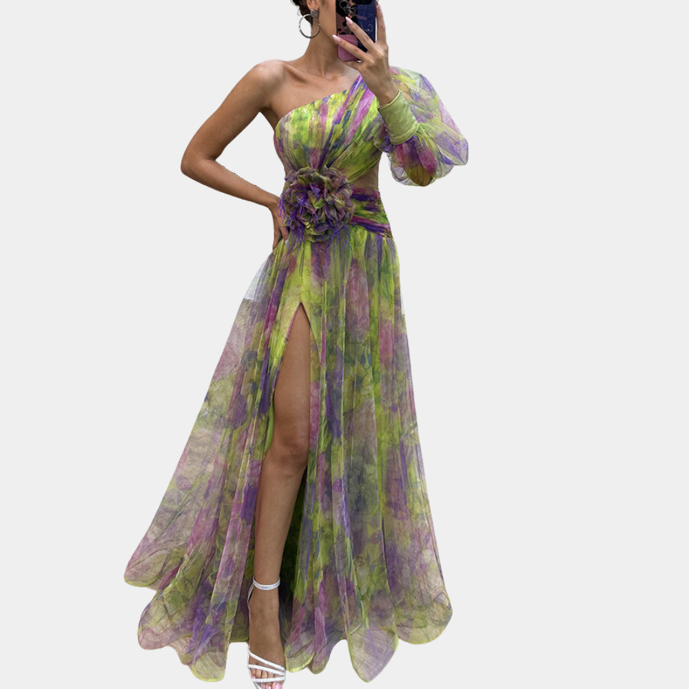 Women's One-Shoulder Watercolor Maxi Dress