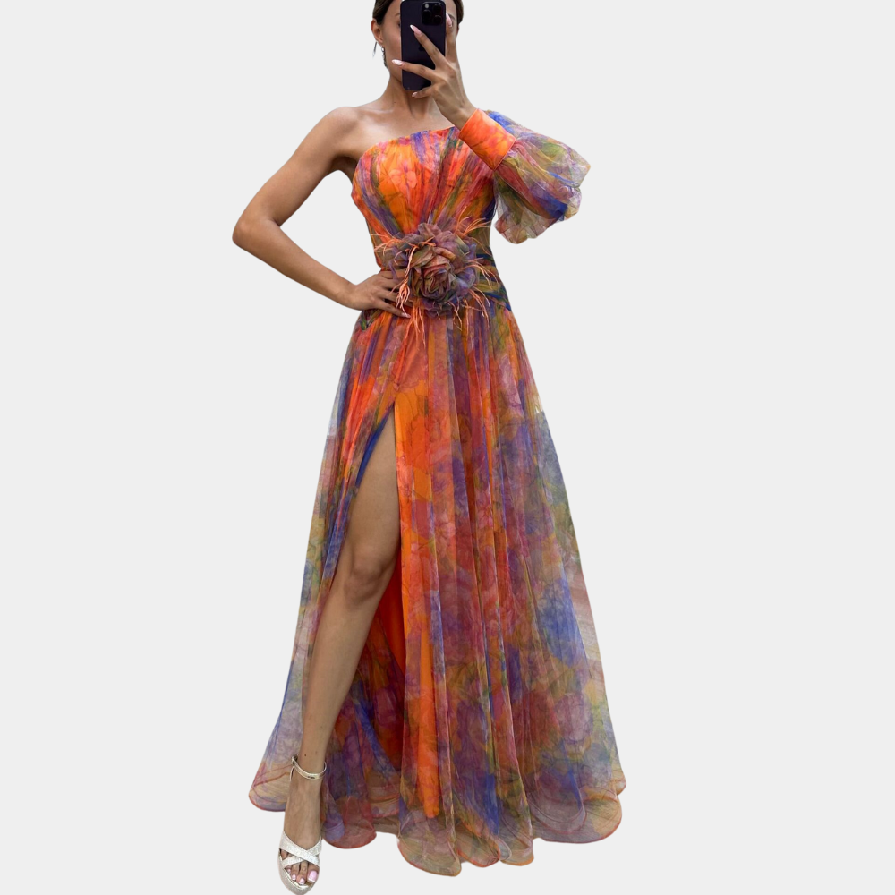 Women's One-Shoulder Watercolor Maxi Dress