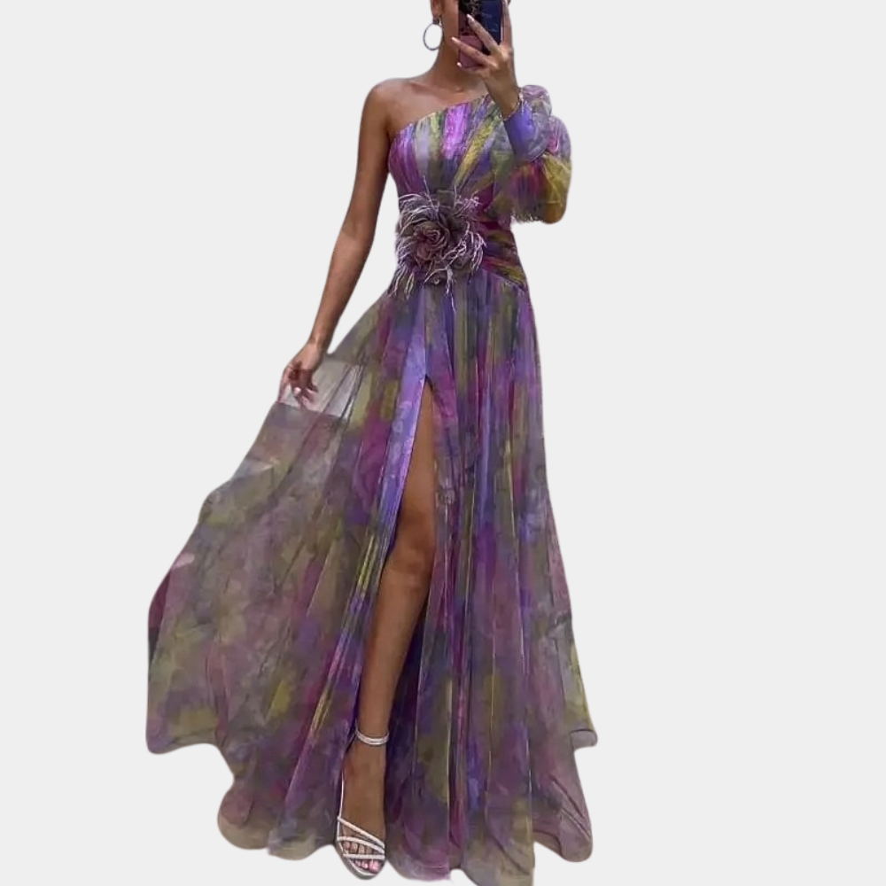 Women's One-Shoulder Watercolor Maxi Dress