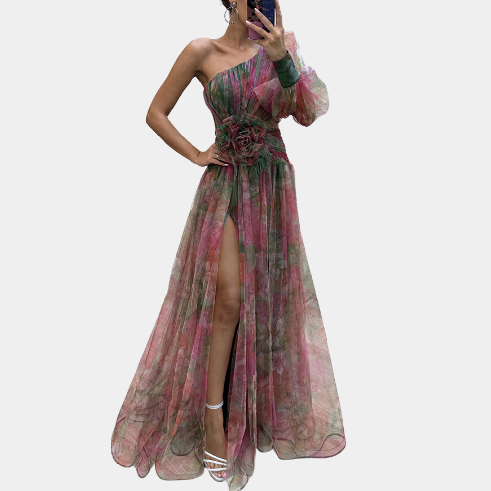 Women's One-Shoulder Watercolor Maxi Dress