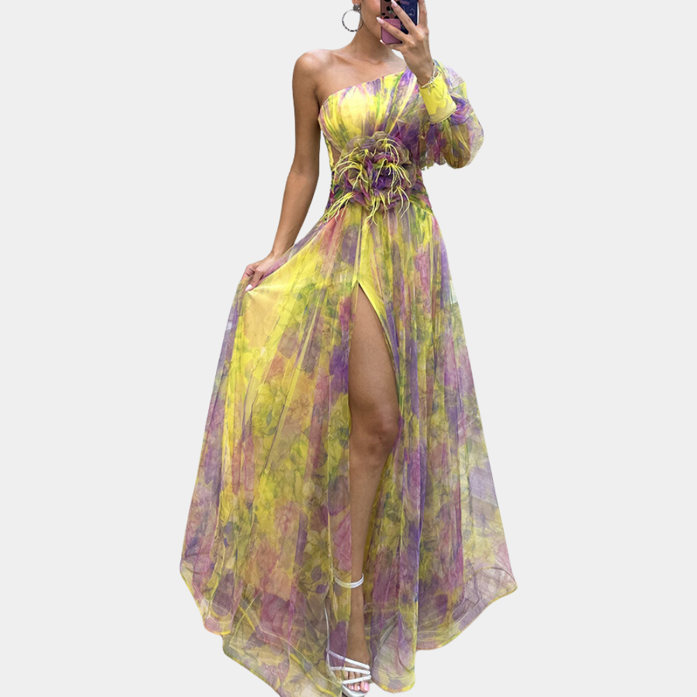 Women's One-Shoulder Watercolor Maxi Dress