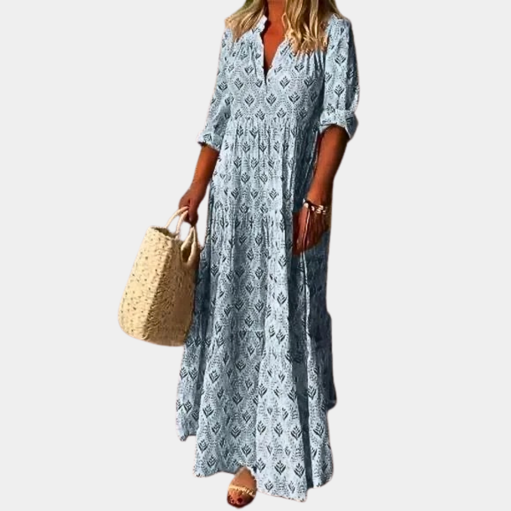 Button-Up Collared Maxi Dress - Casual Boho Print Summer Dress