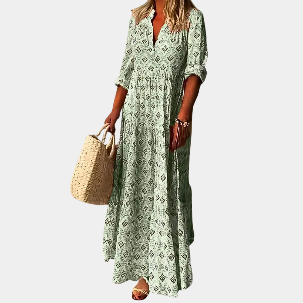 Button-Up Collared Maxi Dress - Casual Boho Print Summer Dress