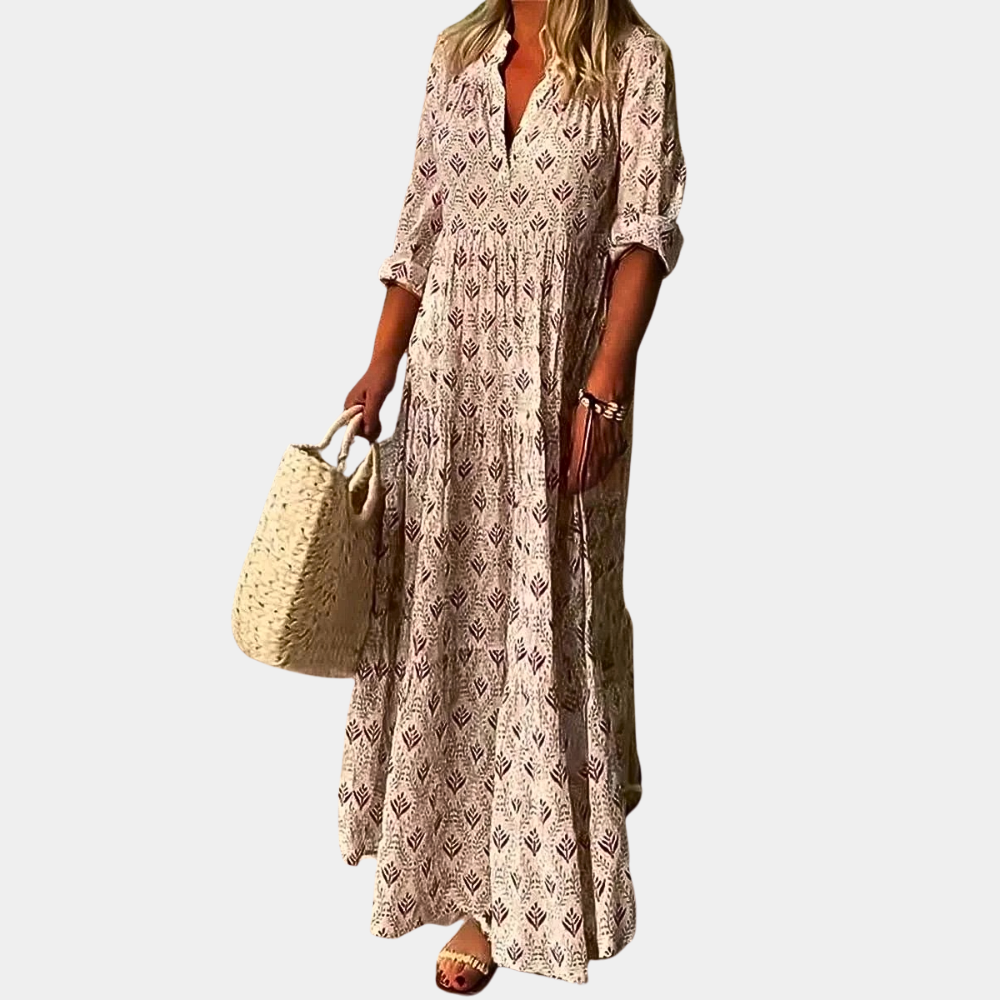 Button-Up Collared Maxi Dress - Casual Boho Print Summer Dress