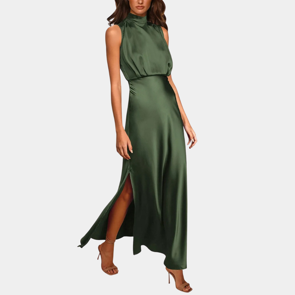 Women's High-Neck Satin Maxi Dress with Slit