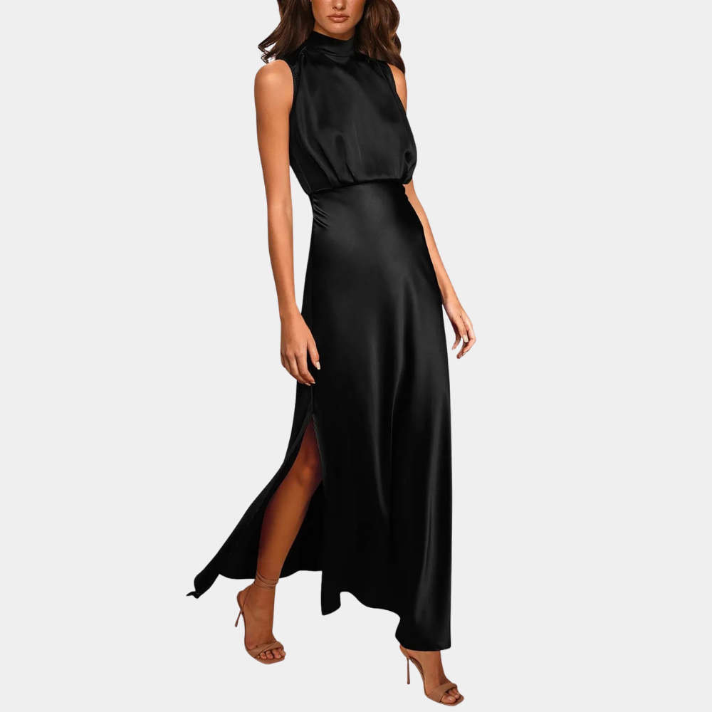 Women's High-Neck Satin Maxi Dress with Slit