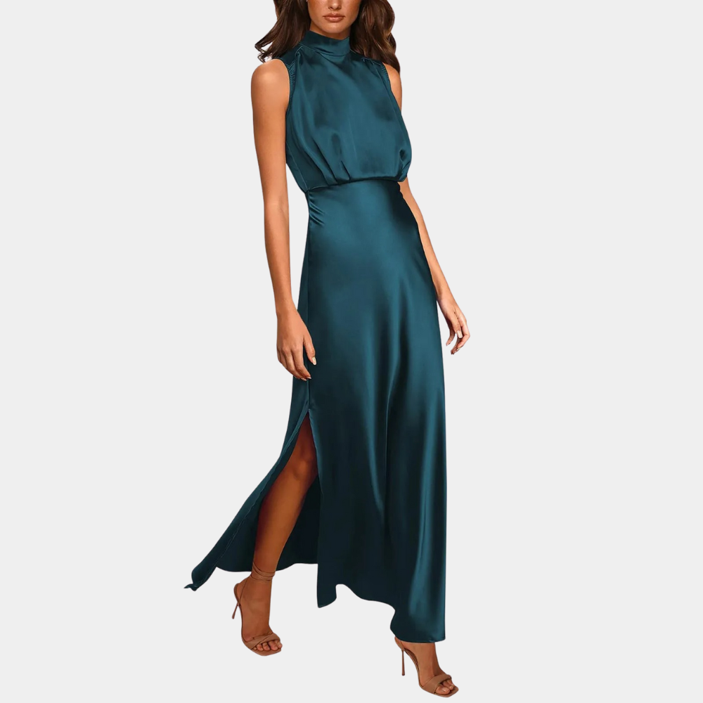 Women's High-Neck Satin Maxi Dress with Slit