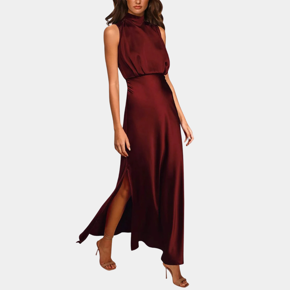 Women's High-Neck Satin Maxi Dress with Slit