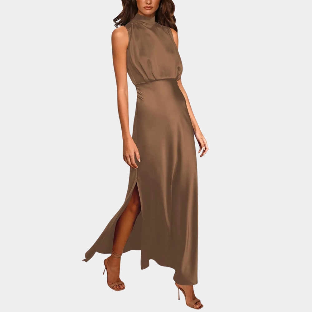 Women's High-Neck Satin Maxi Dress with Slit