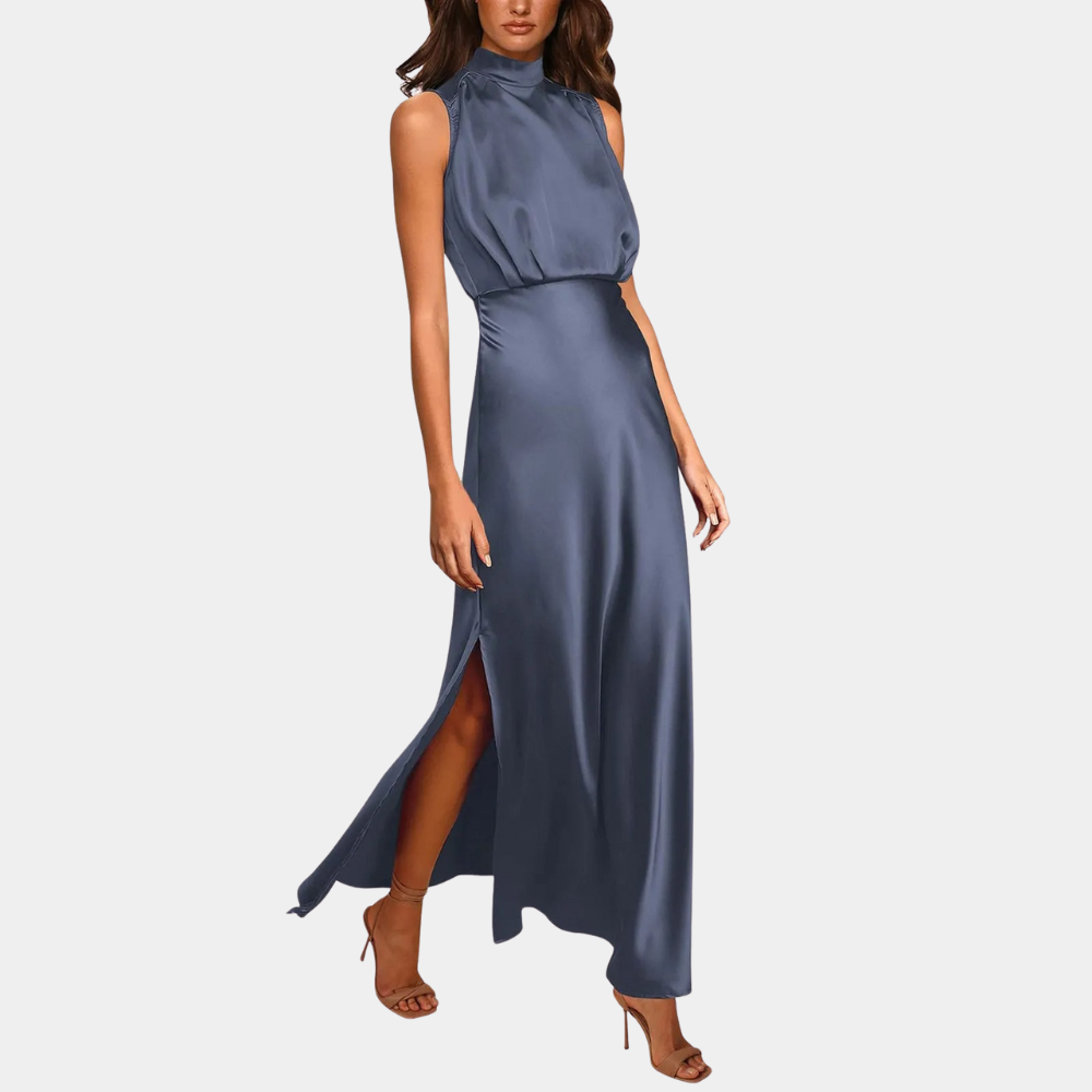 Women's High-Neck Satin Maxi Dress with Slit