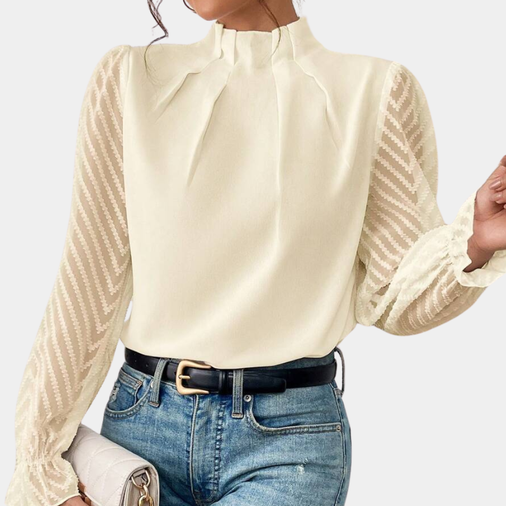 Women's Blouse – Pintuck High Neck & Sheer Sleeves, Elegant Smart Casual Wear