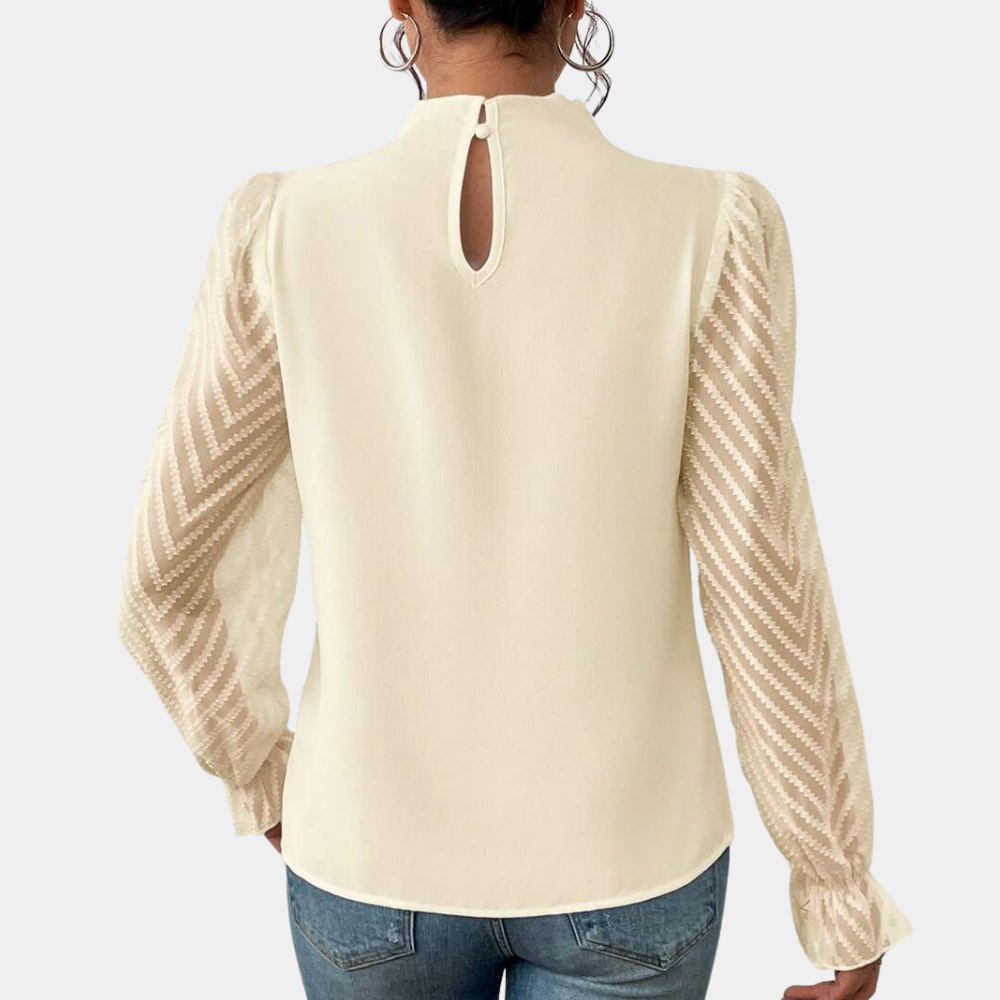 Women's Blouse – Pintuck High Neck & Sheer Sleeves, Elegant Smart Casual Wear