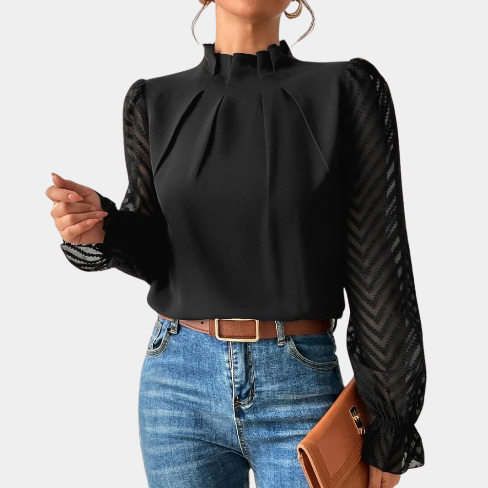 Women's Blouse – Pintuck High Neck & Sheer Sleeves, Elegant Smart Casual Wear
