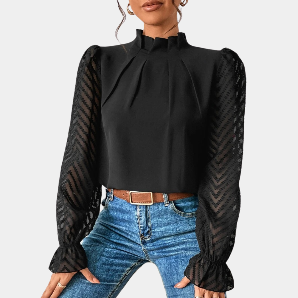 Women's Blouse – Pintuck High Neck & Sheer Sleeves, Elegant Smart Casual Wear