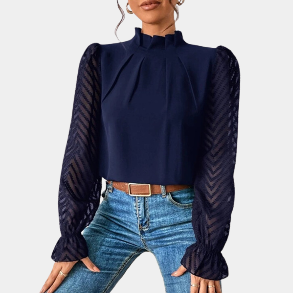 Women's Blouse – Pintuck High Neck & Sheer Sleeves, Elegant Smart Casual Wear