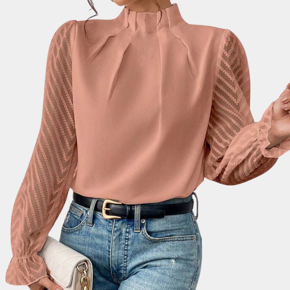 Women's Blouse – Pintuck High Neck & Sheer Sleeves, Elegant Smart Casual Wear