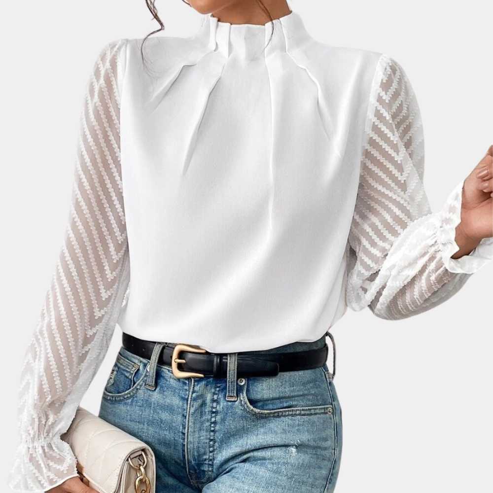 Women's Blouse – Pintuck High Neck & Sheer Sleeves, Elegant Smart Casual Wear