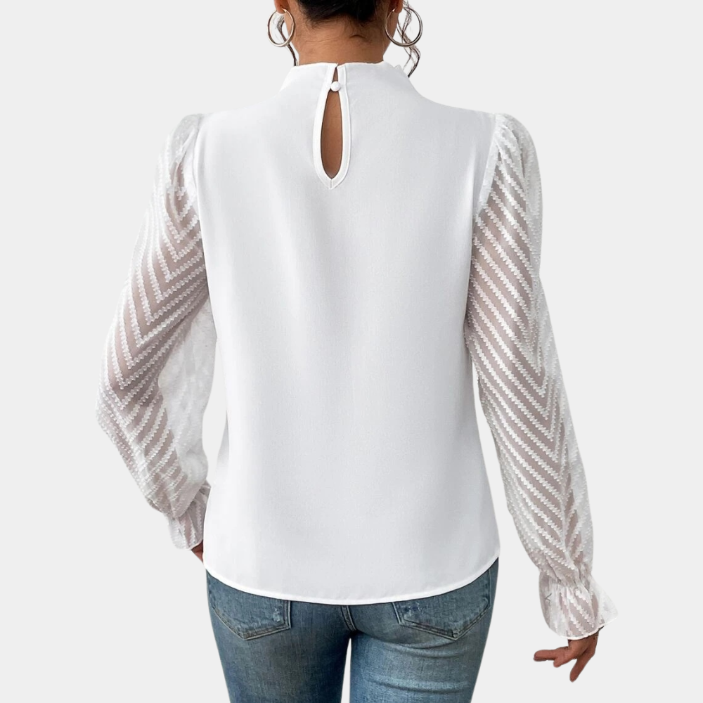 Women's Blouse – Pintuck High Neck & Sheer Sleeves, Elegant Smart Casual Wear