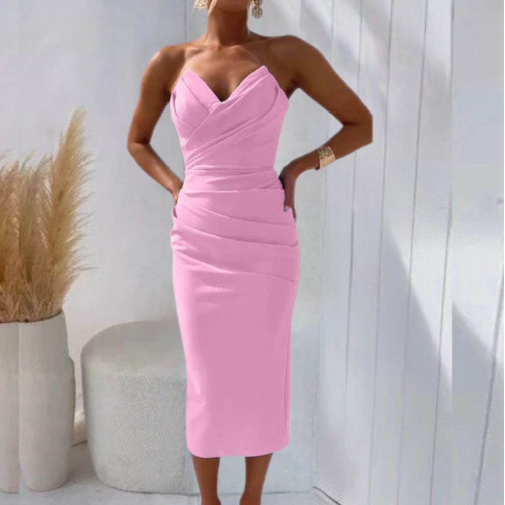 Women's Bandeau Midi Dress – Ruched Sweetheart, Sculpted Occasionwear