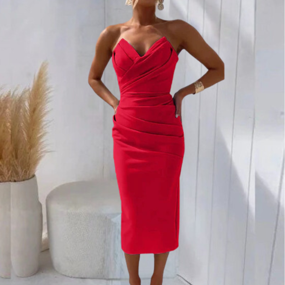 Women's Bandeau Midi Dress – Ruched Sweetheart, Sculpted Occasionwear