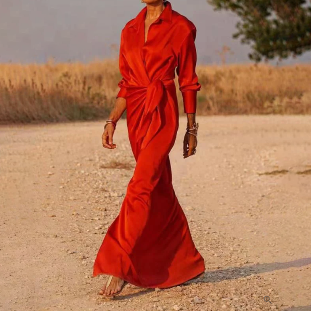 Women's Satin Wrap Maxi Dress – Draped Silhouette, Elegant Evening Wear