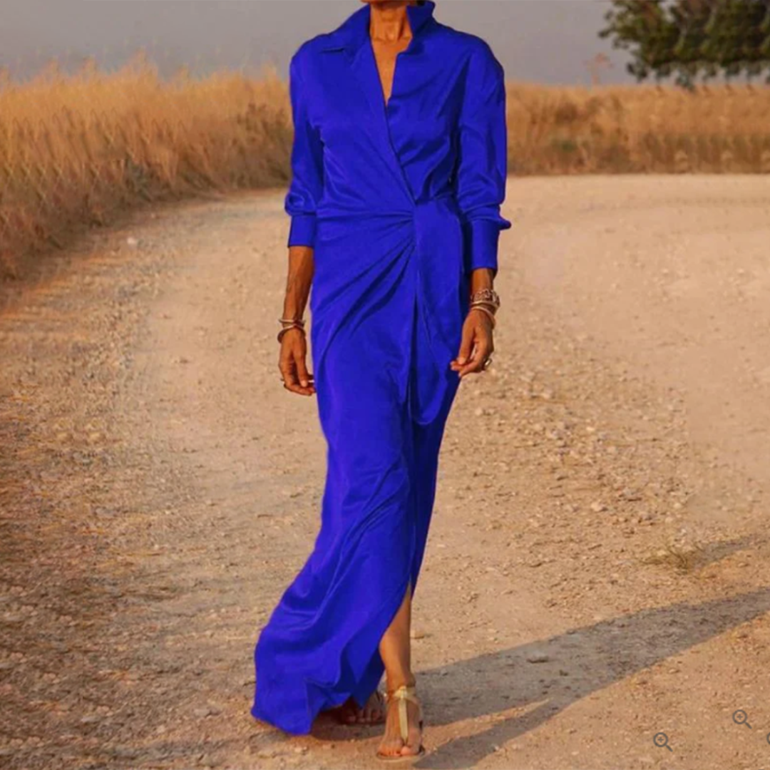 Women's Satin Wrap Maxi Dress – Draped Silhouette, Elegant Evening Wear
