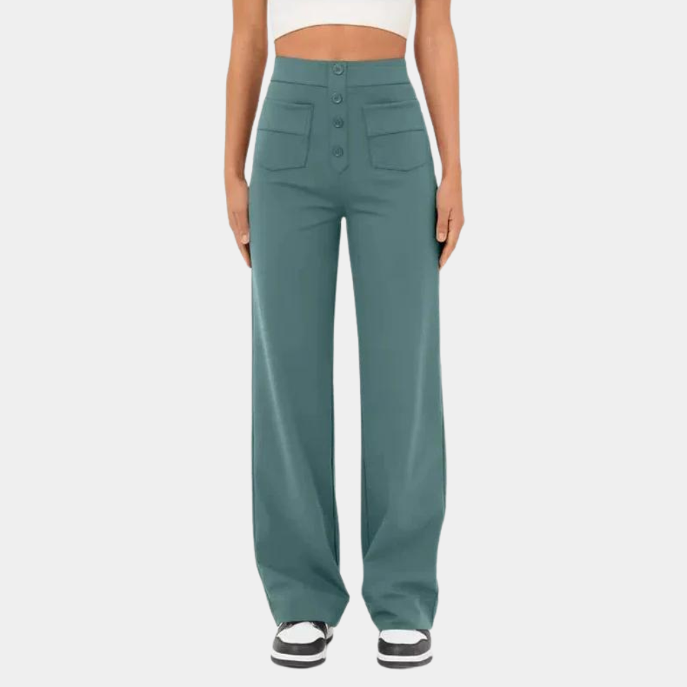 Women's Wide Leg Trousers – High Waist Button Detail, Relaxed Fit Everyday Wear