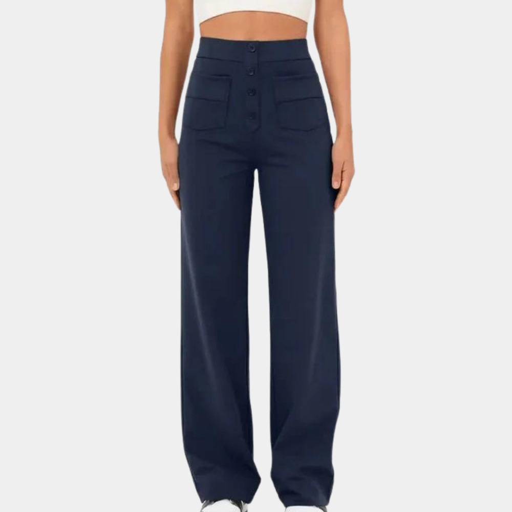 Women's Wide Leg Trousers – High Waist Button Detail, Relaxed Fit Everyday Wear