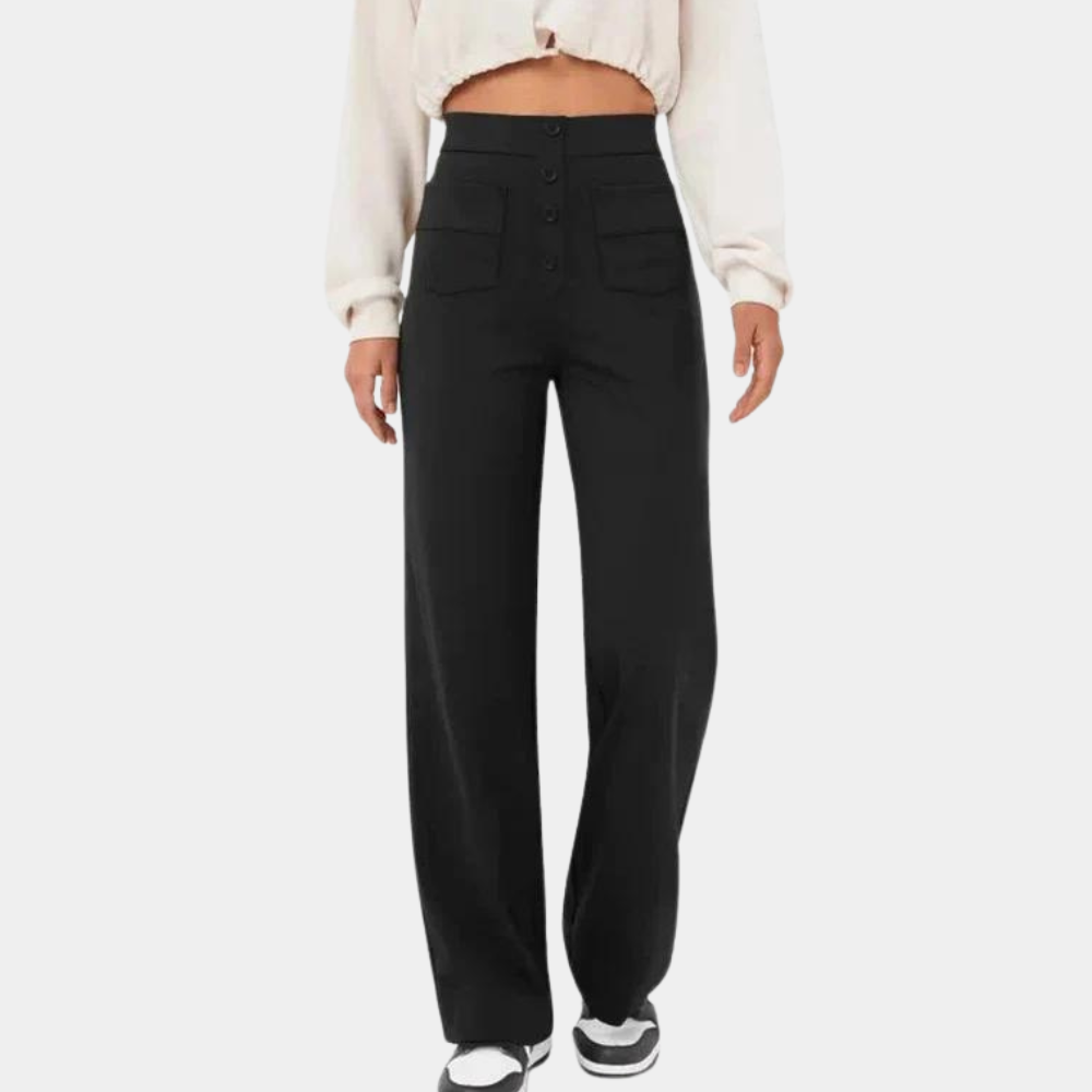 Women's Wide Leg Trousers – High Waist Button Detail, Relaxed Fit Everyday Wear