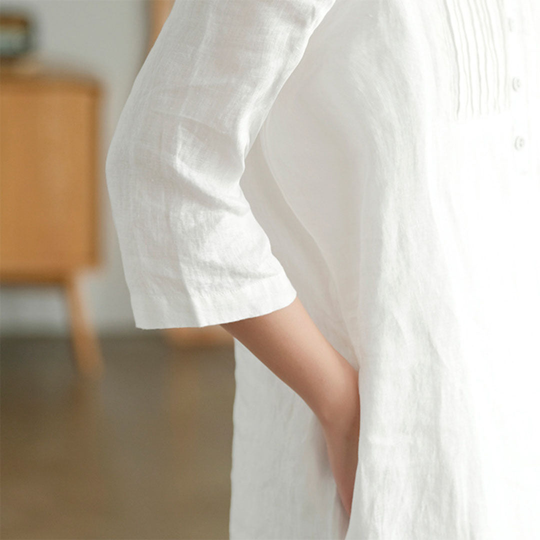 Cotton Blend Pintuck Midi Dress – Relaxed Fit with V-Neck and 3/4 Sleeves