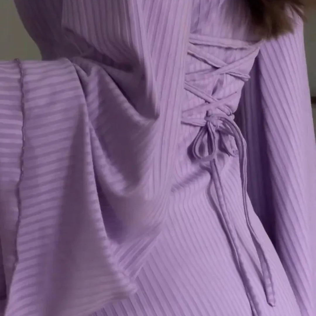 Ribbed Knit Flare Sleeve Midi Dress – Square Neck Stretch Bodycon