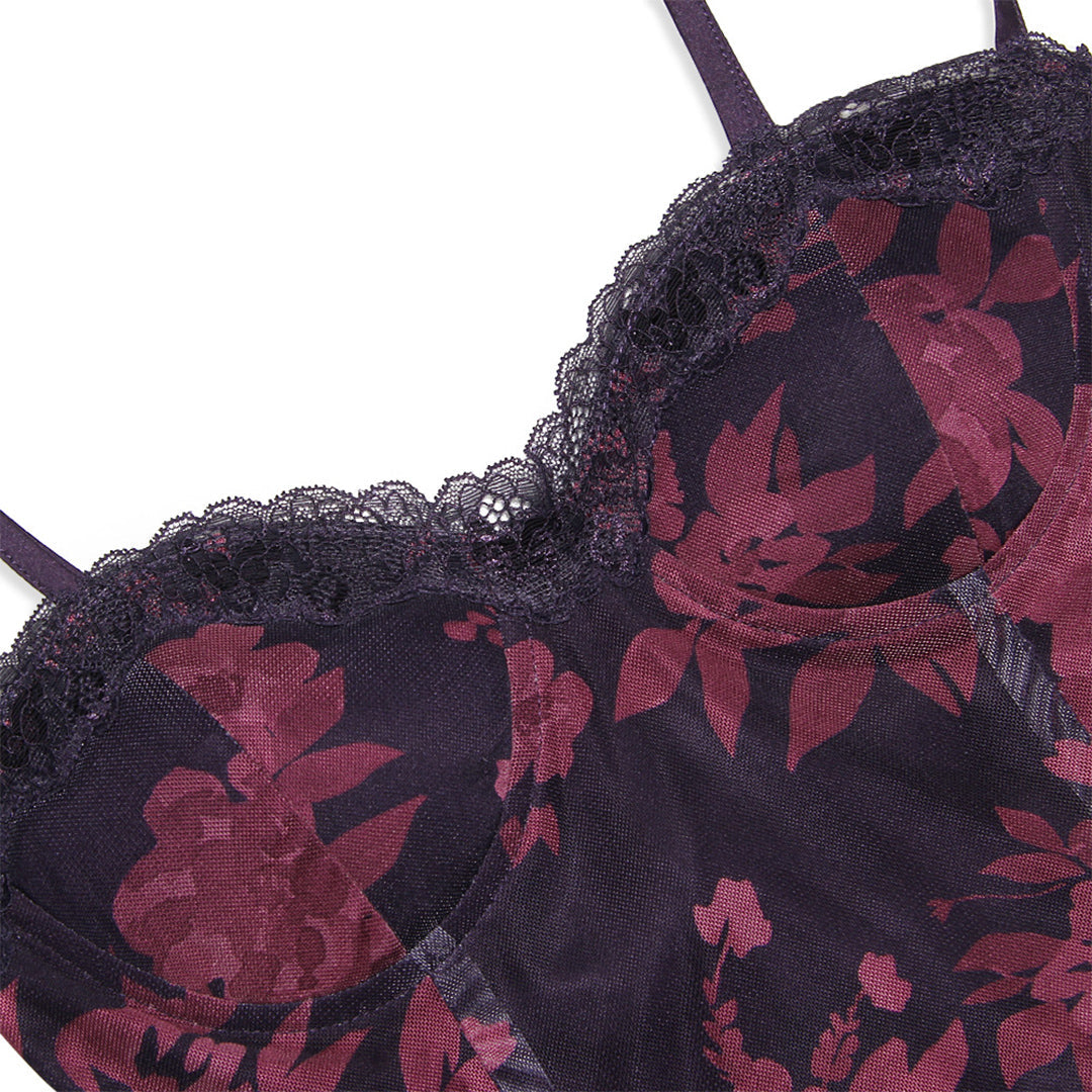 Sheer Floral Mesh Bodycon Dress – Lace-Trim Maxi with Spaghetti Straps