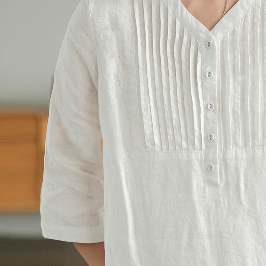 Cotton Blend Pintuck Midi Dress – Relaxed Fit with V-Neck and 3/4 Sleeves