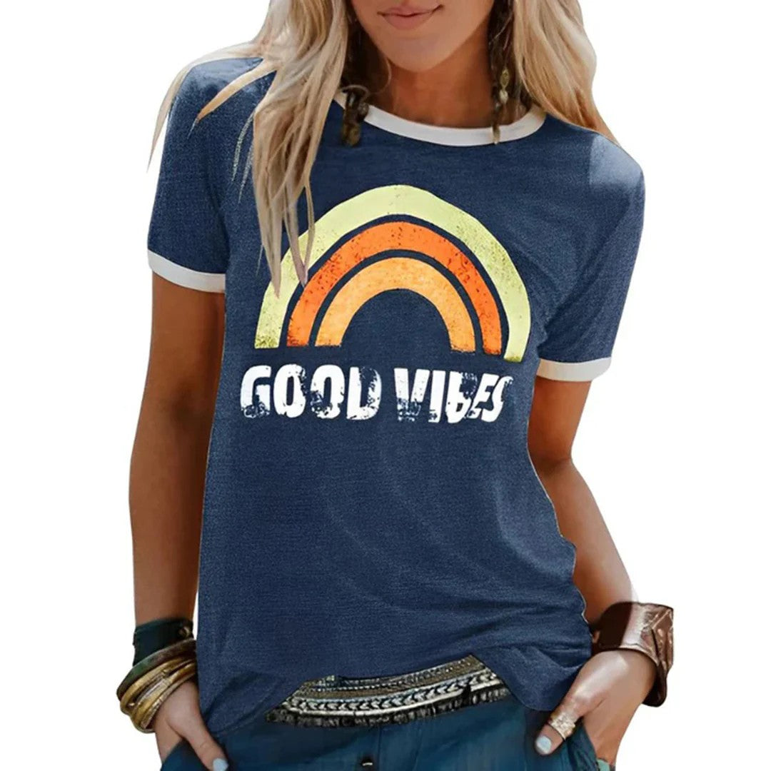 Womens T-Shirt – Retro Rainbow Graphic, Relaxed Fit Summer Top