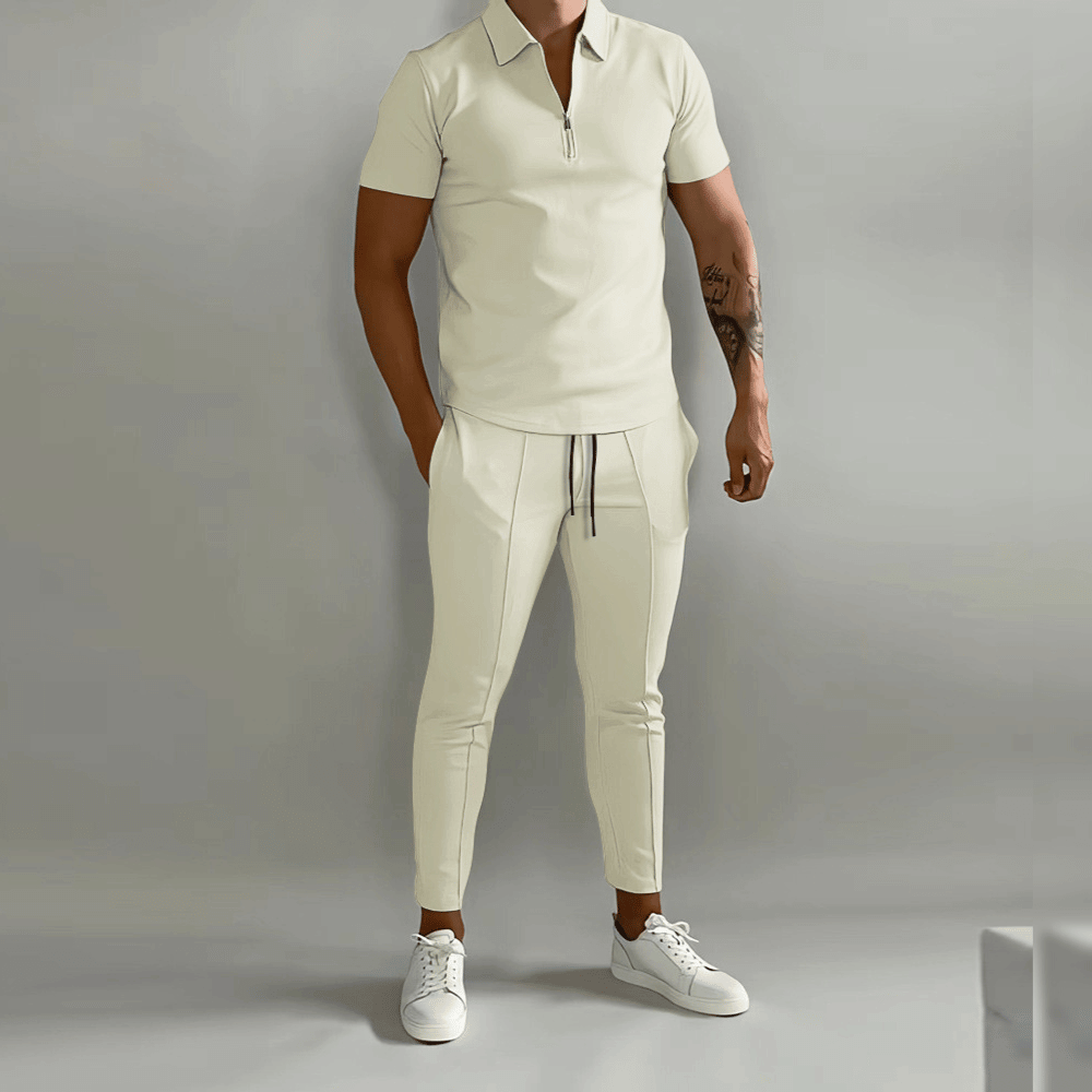 Men's Tracksuit – Zip Neck Polo & Pintuck Trousers, Slim Fit Smart Casual Set