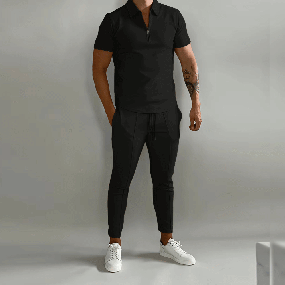Men's Tracksuit – Zip Neck Polo & Pintuck Trousers, Slim Fit Smart Casual Set